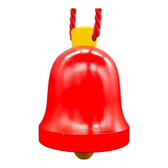 Vtg Wooden Musical Red Bell 4.5" Plays Music Yellow Top & Hanging Cord Holiday - Picture 1 of 11